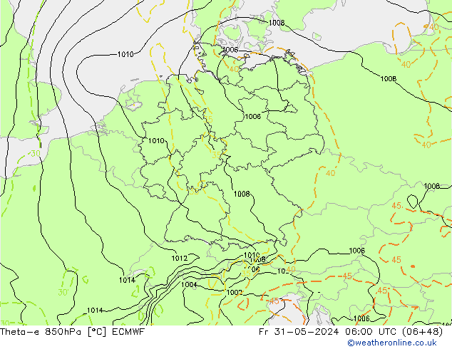 Theta-e 850hPa ECMWF Pá 31.05.2024 06 UTC