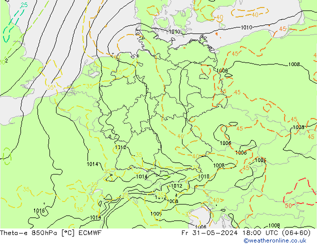 Theta-e 850hPa ECMWF Fr 31.05.2024 18 UTC