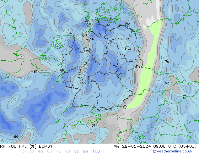 RH 700 hPa ECMWF 星期三 29.05.2024 09 UTC