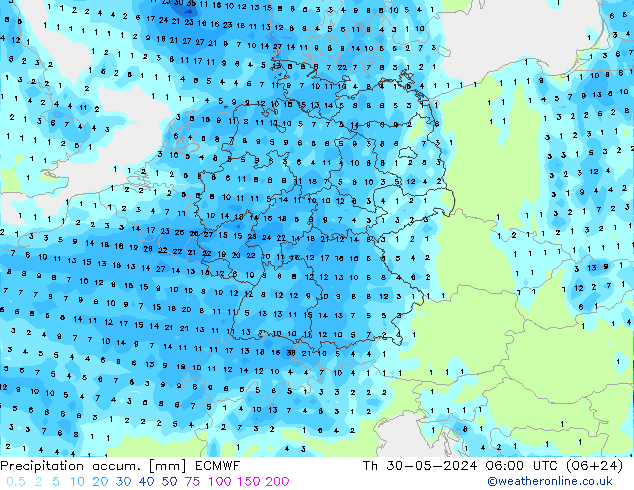 Totale neerslag ECMWF do 30.05.2024 06 UTC