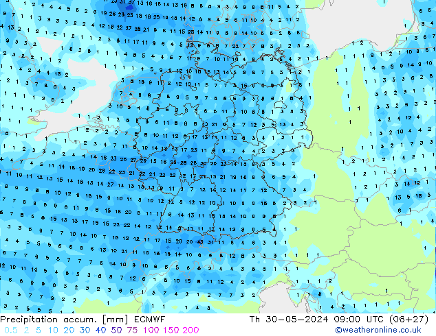 Precipitation accum. ECMWF Qui 30.05.2024 09 UTC