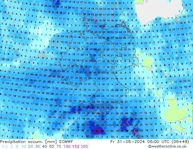 Precipitation accum. ECMWF Pá 31.05.2024 06 UTC