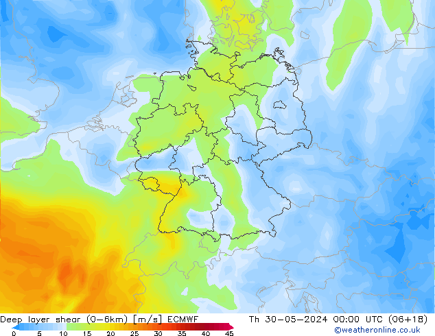 Deep layer shear (0-6km) ECMWF  30.05.2024 00 UTC