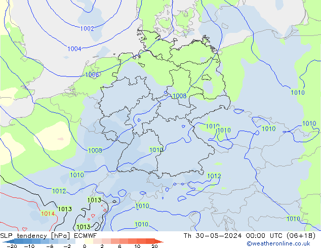 SLP tendency ECMWF Čt 30.05.2024 00 UTC