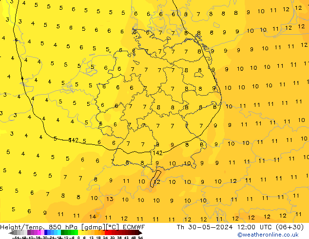 Z500/Rain (+SLP)/Z850 ECMWF Do 30.05.2024 12 UTC