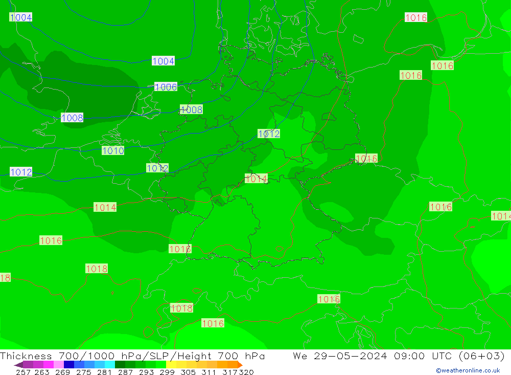 Thck 700-1000 hPa ECMWF Qua 29.05.2024 09 UTC