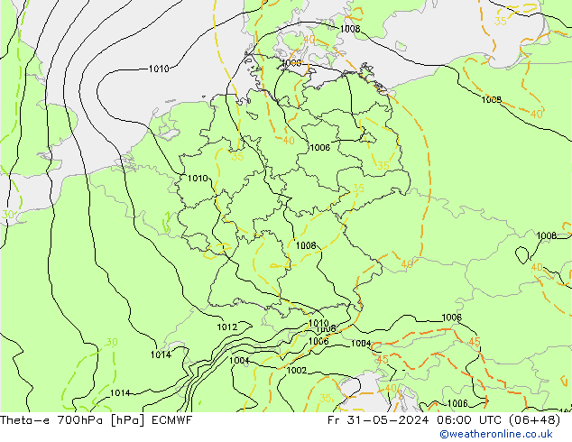 Theta-e 700hPa ECMWF Fr 31.05.2024 06 UTC