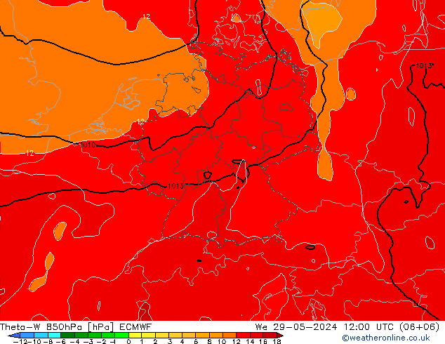 Theta-W 850hPa ECMWF śro. 29.05.2024 12 UTC