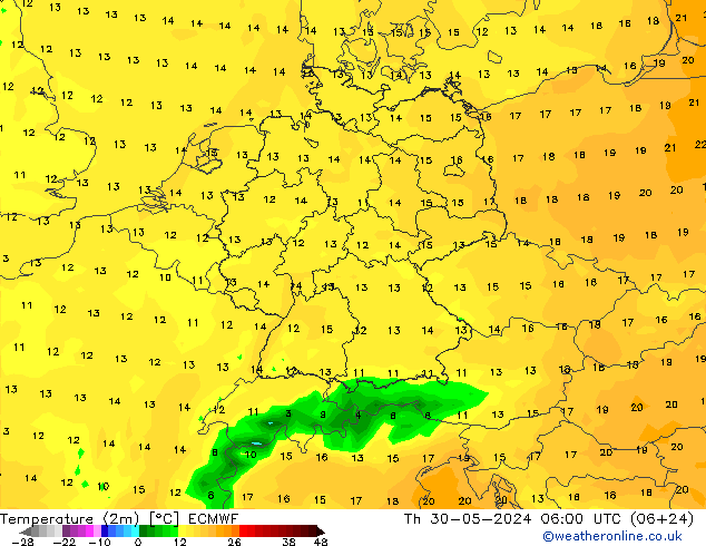 mapa temperatury (2m) ECMWF czw. 30.05.2024 06 UTC