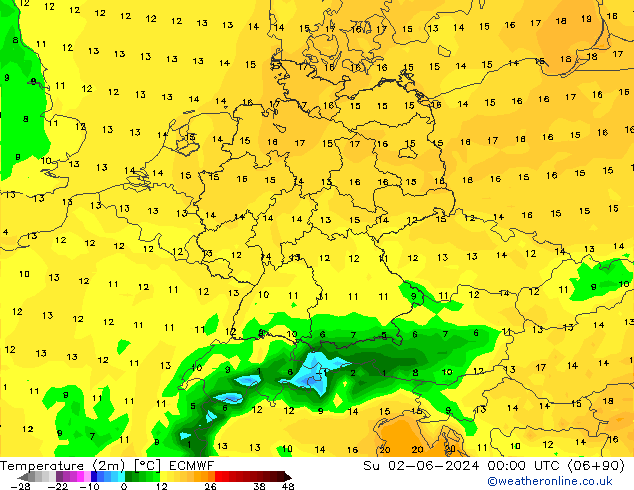 Temperature (2m) ECMWF Su 02.06.2024 00 UTC