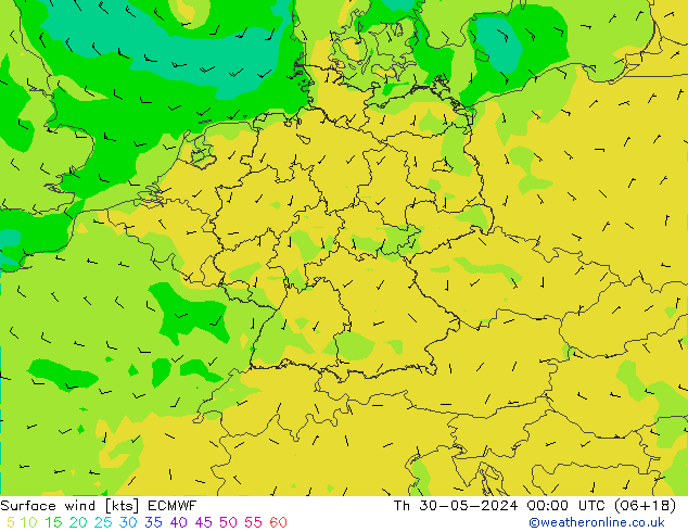 Surface wind ECMWF Čt 30.05.2024 00 UTC