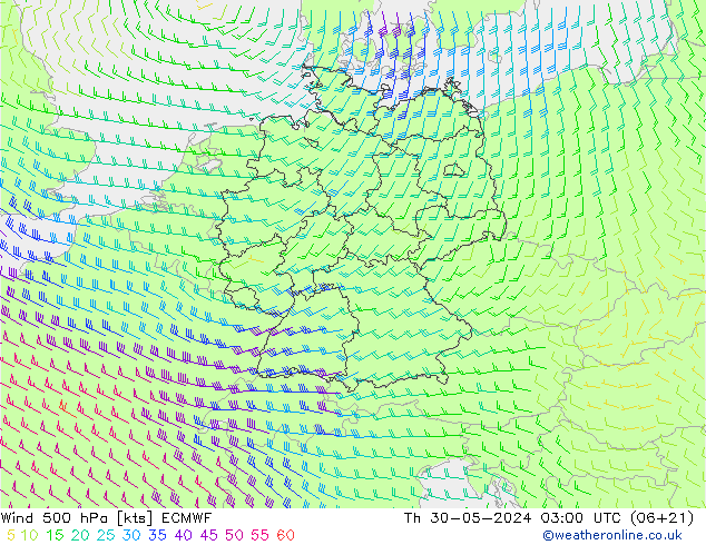 Vento 500 hPa ECMWF Qui 30.05.2024 03 UTC