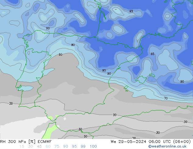 Humedad rel. 300hPa ECMWF mié 29.05.2024 06 UTC