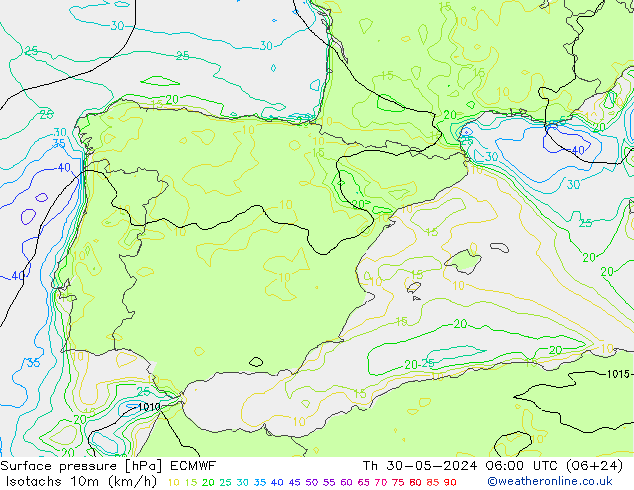 Isotachen (km/h) ECMWF do 30.05.2024 06 UTC