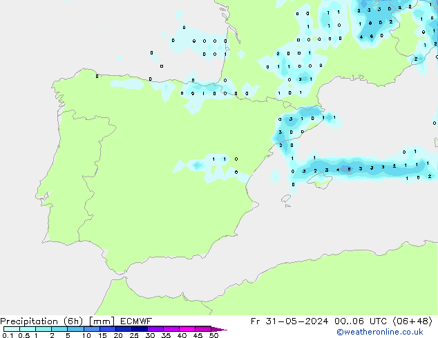 Totale neerslag (6h) ECMWF vr 31.05.2024 06 UTC