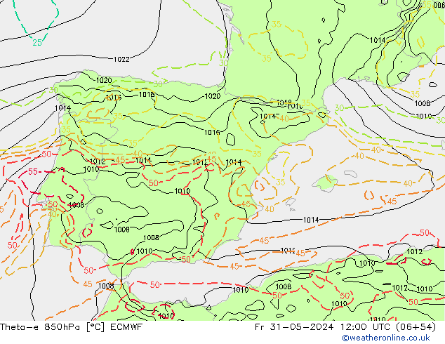 Theta-e 850hPa ECMWF ven 31.05.2024 12 UTC