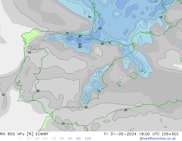 RH 850 hPa ECMWF Fr 31.05.2024 18 UTC