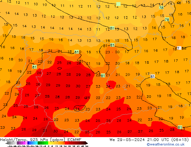 Height/Temp. 925 hPa ECMWF St 29.05.2024 21 UTC