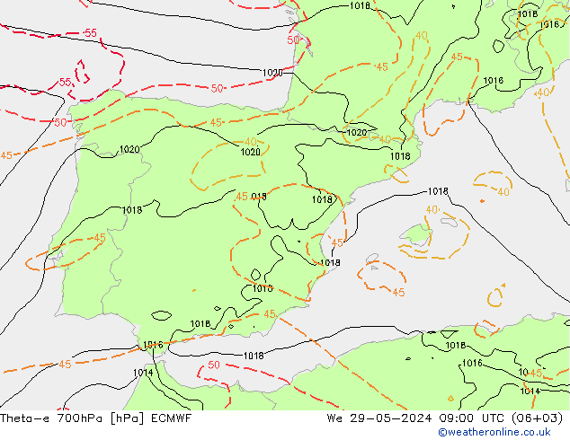 Theta-e 700hPa ECMWF Çar 29.05.2024 09 UTC