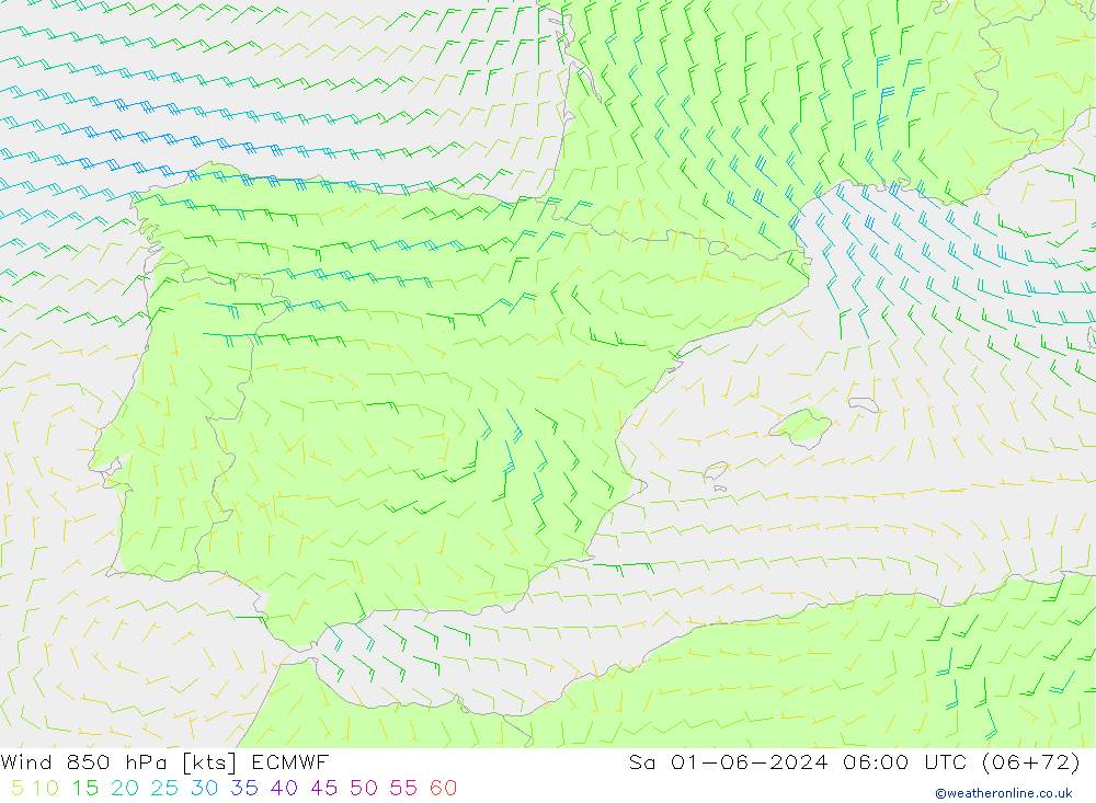 Vento 850 hPa ECMWF sab 01.06.2024 06 UTC