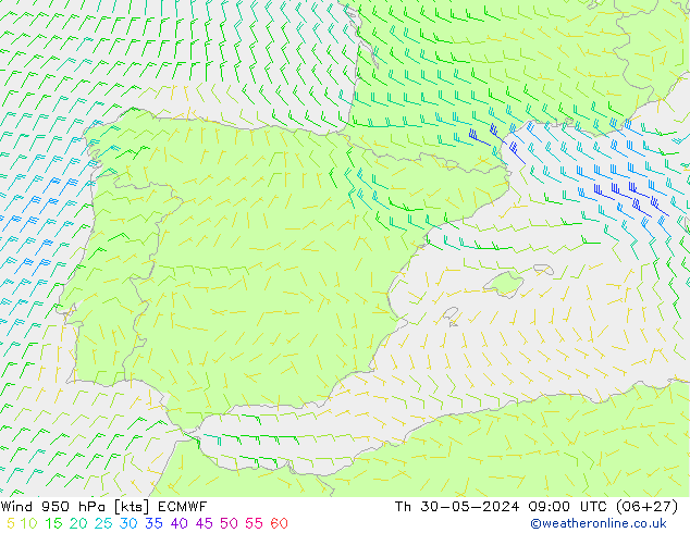 wiatr 950 hPa ECMWF czw. 30.05.2024 09 UTC