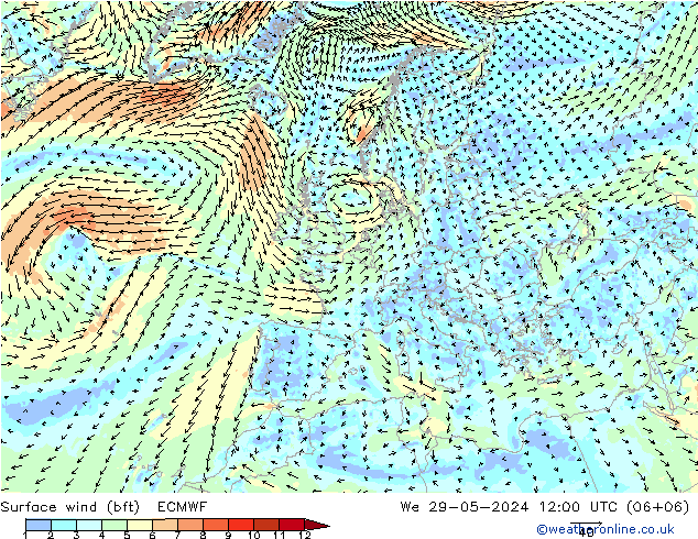 ве�Bе�@ 10 m (bft) ECMWF ср 29.05.2024 12 UTC