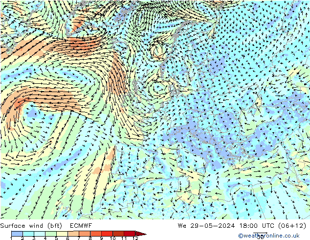 Vento 10 m (bft) ECMWF Qua 29.05.2024 18 UTC