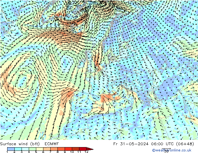 Bodenwind (bft) ECMWF Fr 31.05.2024 06 UTC