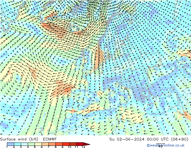 Vent 10 m (bft) ECMWF dim 02.06.2024 00 UTC