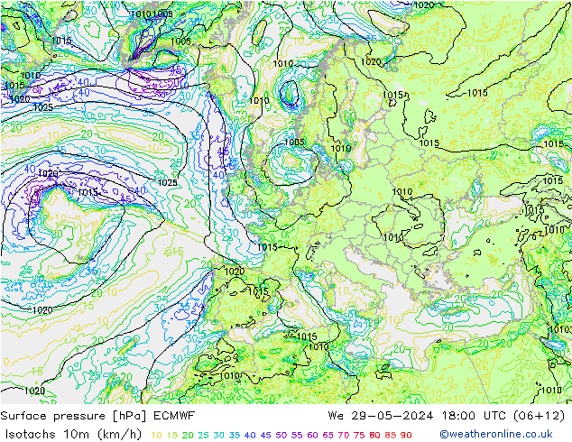 Isotachs (kph) ECMWF We 29.05.2024 18 UTC