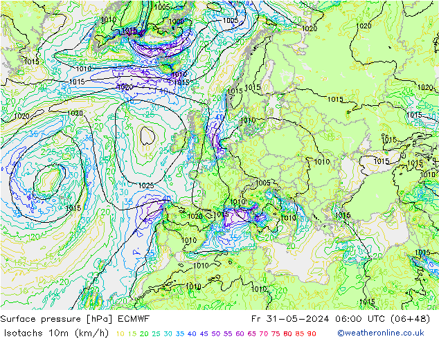 Isotachs (kph) ECMWF ven 31.05.2024 06 UTC