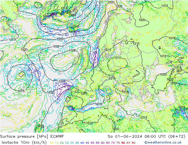 Isotaca (kph) ECMWF sáb 01.06.2024 06 UTC