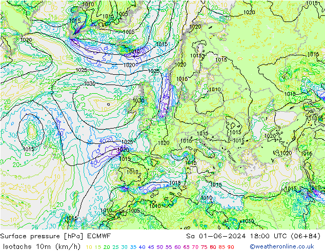 Isotachs (kph) ECMWF Sa 01.06.2024 18 UTC