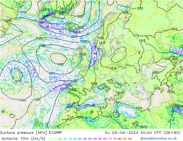 Isotachen (km/h) ECMWF zo 02.06.2024 00 UTC