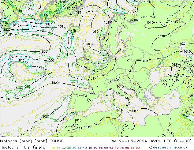 Isotachs (mph) ECMWF 星期三 29.05.2024 06 UTC