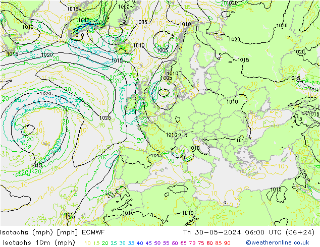 Izotacha (mph) ECMWF czw. 30.05.2024 06 UTC