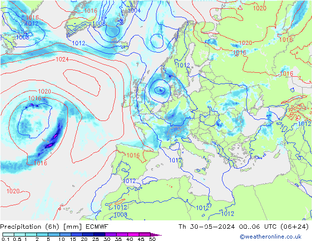 Z500/Rain (+SLP)/Z850 ECMWF 星期四 30.05.2024 06 UTC