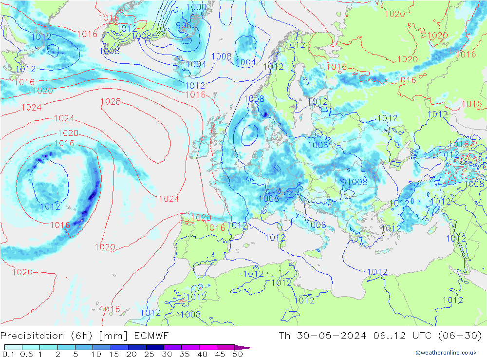 Z500/Rain (+SLP)/Z850 ECMWF Čt 30.05.2024 12 UTC