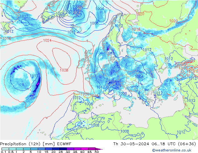 Totale neerslag (12h) ECMWF do 30.05.2024 18 UTC