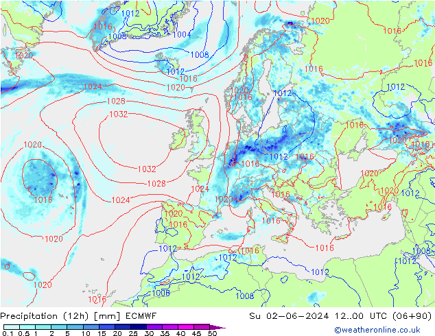 Precipitation (12h) ECMWF Su 02.06.2024 00 UTC