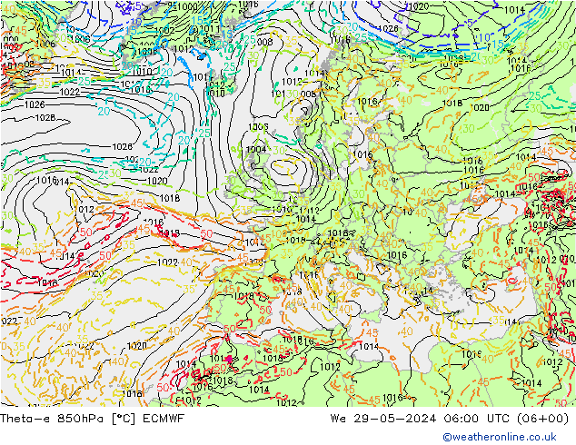 Theta-e 850hPa ECMWF  29.05.2024 06 UTC