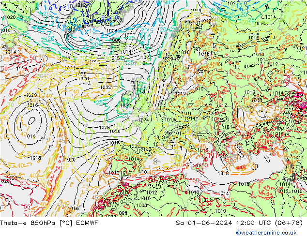 Theta-e 850гПа ECMWF сб 01.06.2024 12 UTC