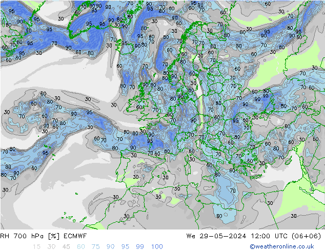 Humedad rel. 700hPa ECMWF mié 29.05.2024 12 UTC