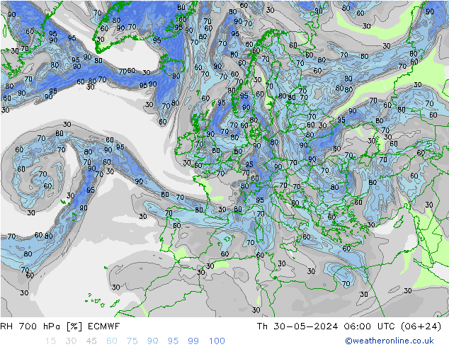 Humedad rel. 700hPa ECMWF jue 30.05.2024 06 UTC