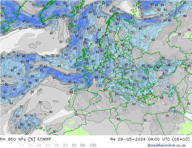 RH 850 hPa ECMWF We 29.05.2024 09 UTC