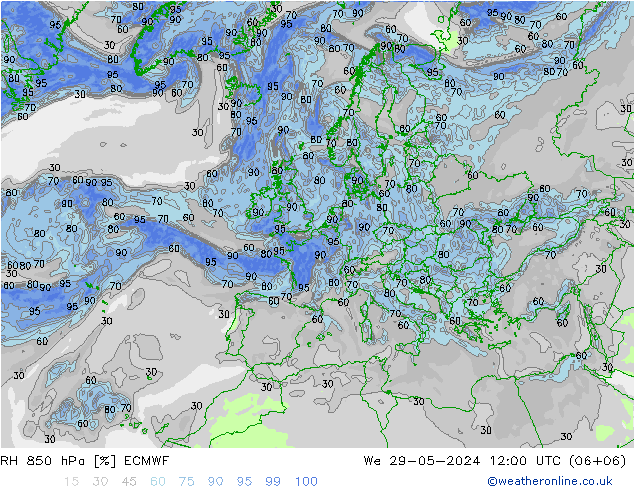 RH 850 hPa ECMWF mer 29.05.2024 12 UTC