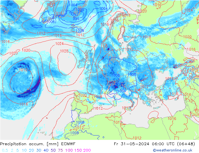 Precipitation accum. ECMWF Fr 31.05.2024 06 UTC