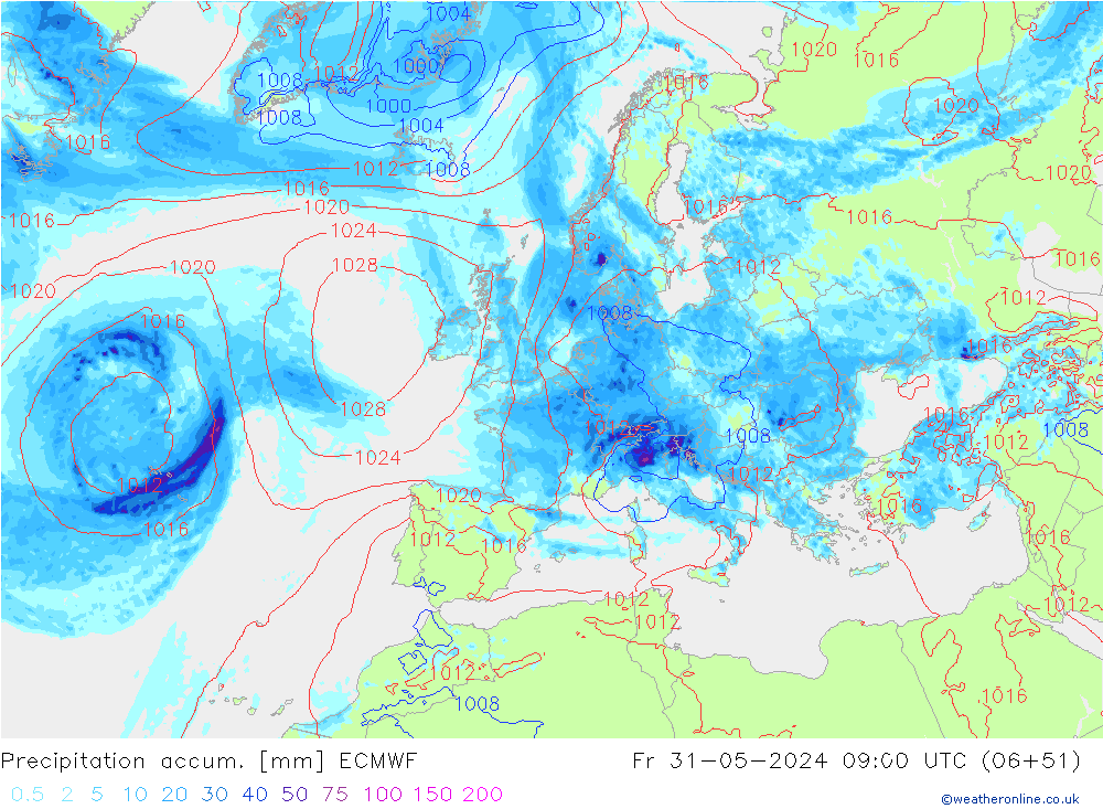 Precipitation accum. ECMWF Pá 31.05.2024 09 UTC