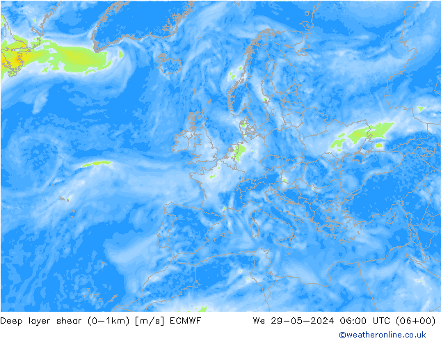 Deep layer shear (0-1km) ECMWF Çar 29.05.2024 06 UTC