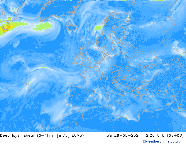 Deep layer shear (0-1km) ECMWF We 29.05.2024 12 UTC